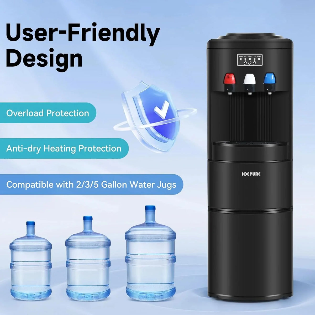 ICEPURE Water Dispenser with Ice Maker, 3-in-1 Hot and Cold Water Cooler with Built-in Bullet Ice Maker Machine, 26.5lbs/24H, Top Loading for 3-5 Gallon Bottle, Child Safety Lock, Black - image 5