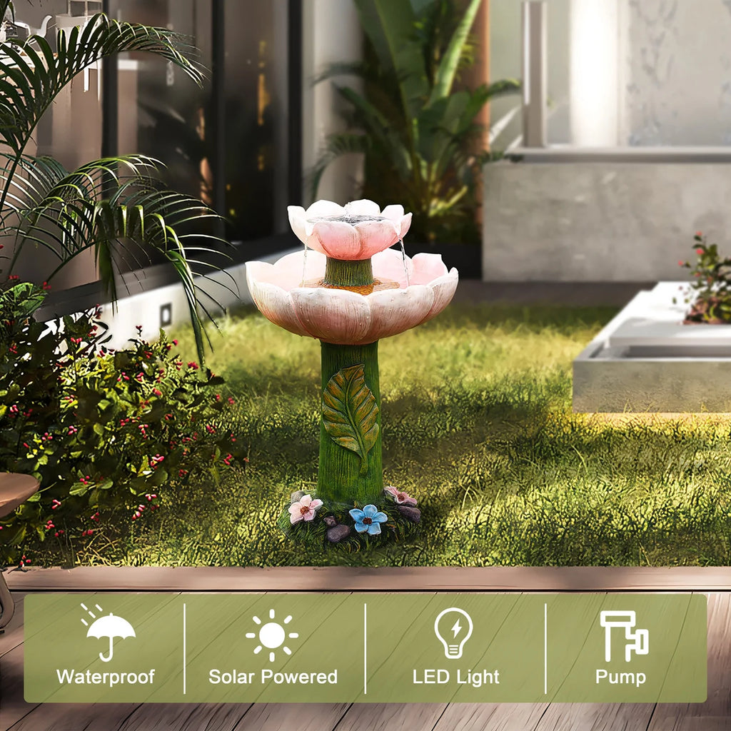Luxenhome Solar Powered Pink Flower 2 - Tier Resin Birdbath Fountain with Lights - image 5