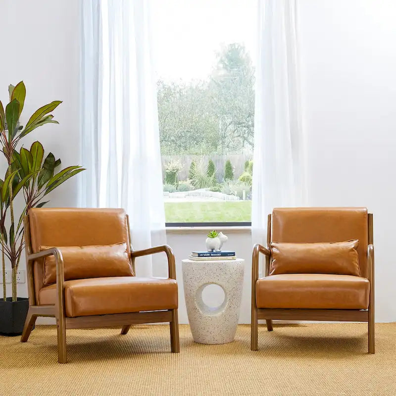 Glitzhome Set of 2 Mid-Century Modern PU Leather Accent Chairs - 30.75H with Cushions (25.75W x 33.75D) - image 2