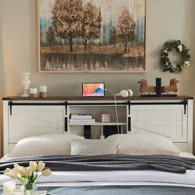 Farmhouse Platform Bed with Storage Headboard Sliding Doors and Charging Station - image 5