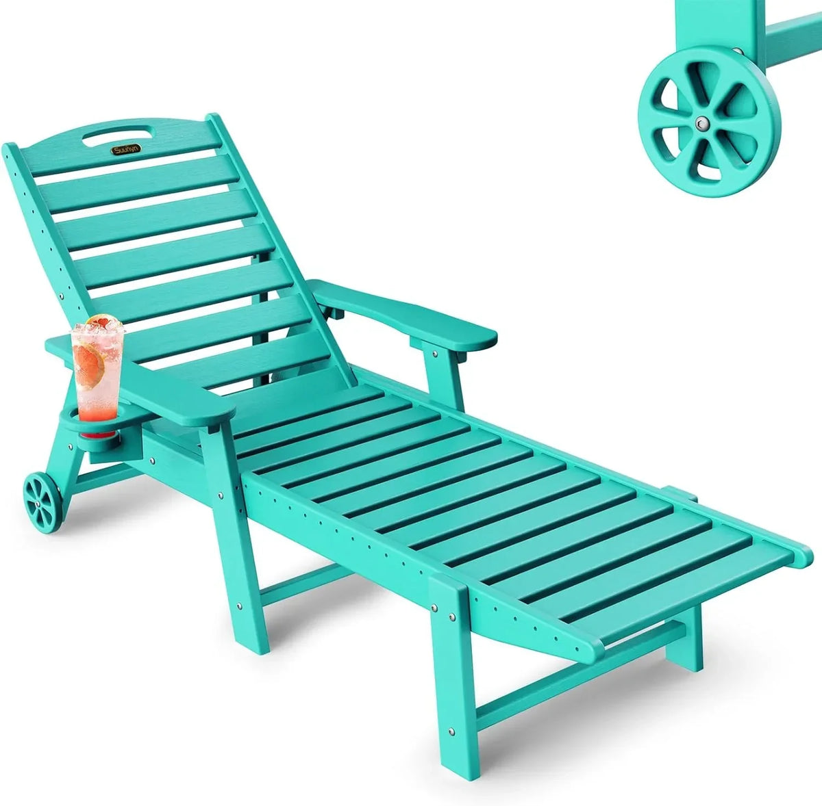 Lounge Chair Outdoor, Chaise Lounge, HDPE 6-Position Outdoor Chaise Lounge, Patio Lounge Chair with Wheels & Cup Holder for Pool Poolside Deck Backyard, Teak - image 9