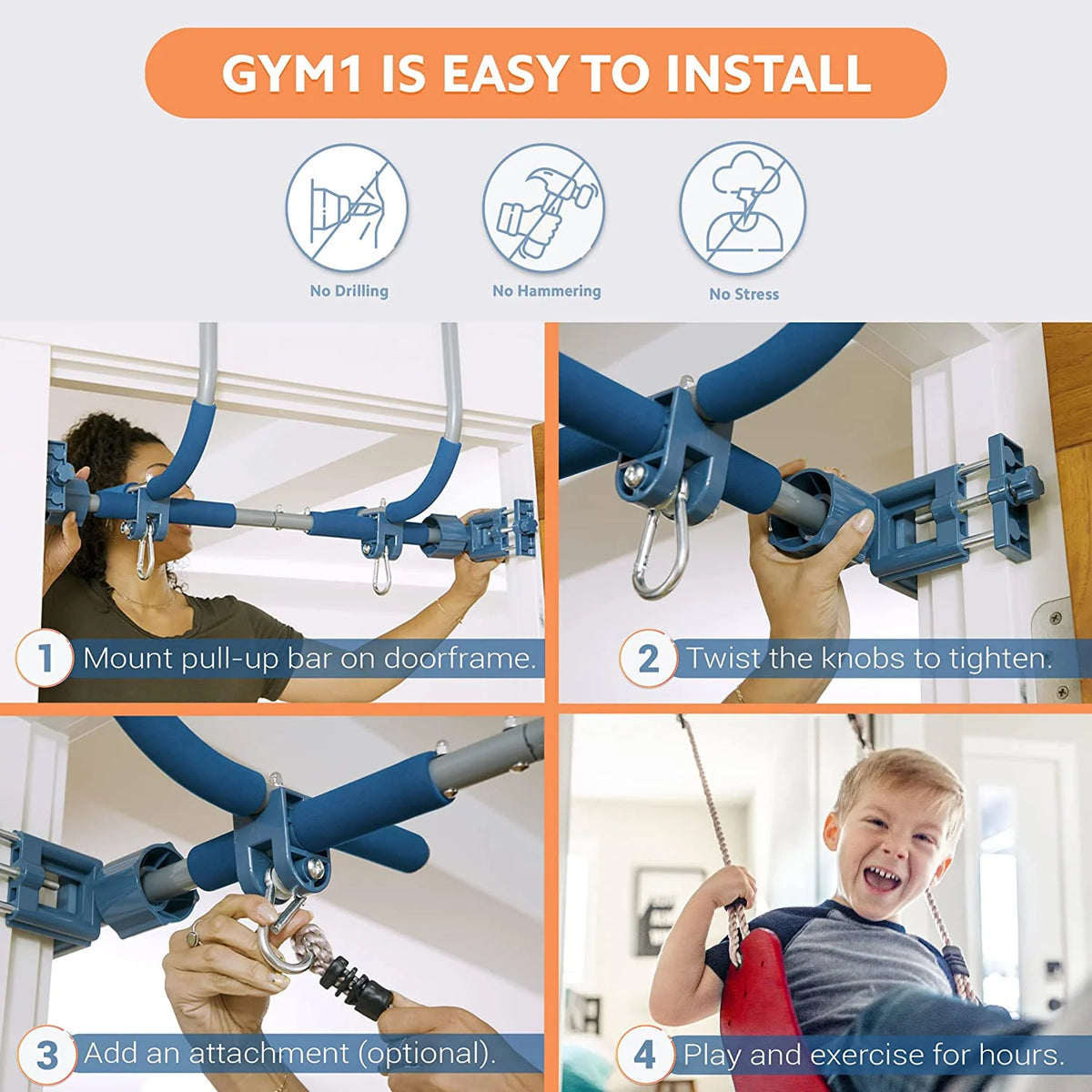 6 Piece Indoor Doorway Gym Set for Kids – Indoor Swing for Kids Includes Kids Swing Chair, Rings, Hanging Trapeze, Ladder, Swinging Rope & Pullup Bar - image 18