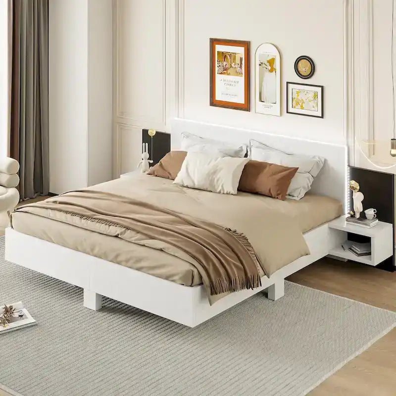 Modern King Size Wooden Floating Bed Frame with Nightstand and LED - Slatted Support Design - image 2