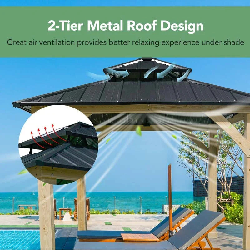 10 x 10 FT Outdoor Patio Hardtop Gazebo with Wood Frame & 2-Tier Metal Roof, All-Weather Gazebo Pergolas Shelter - image 13
