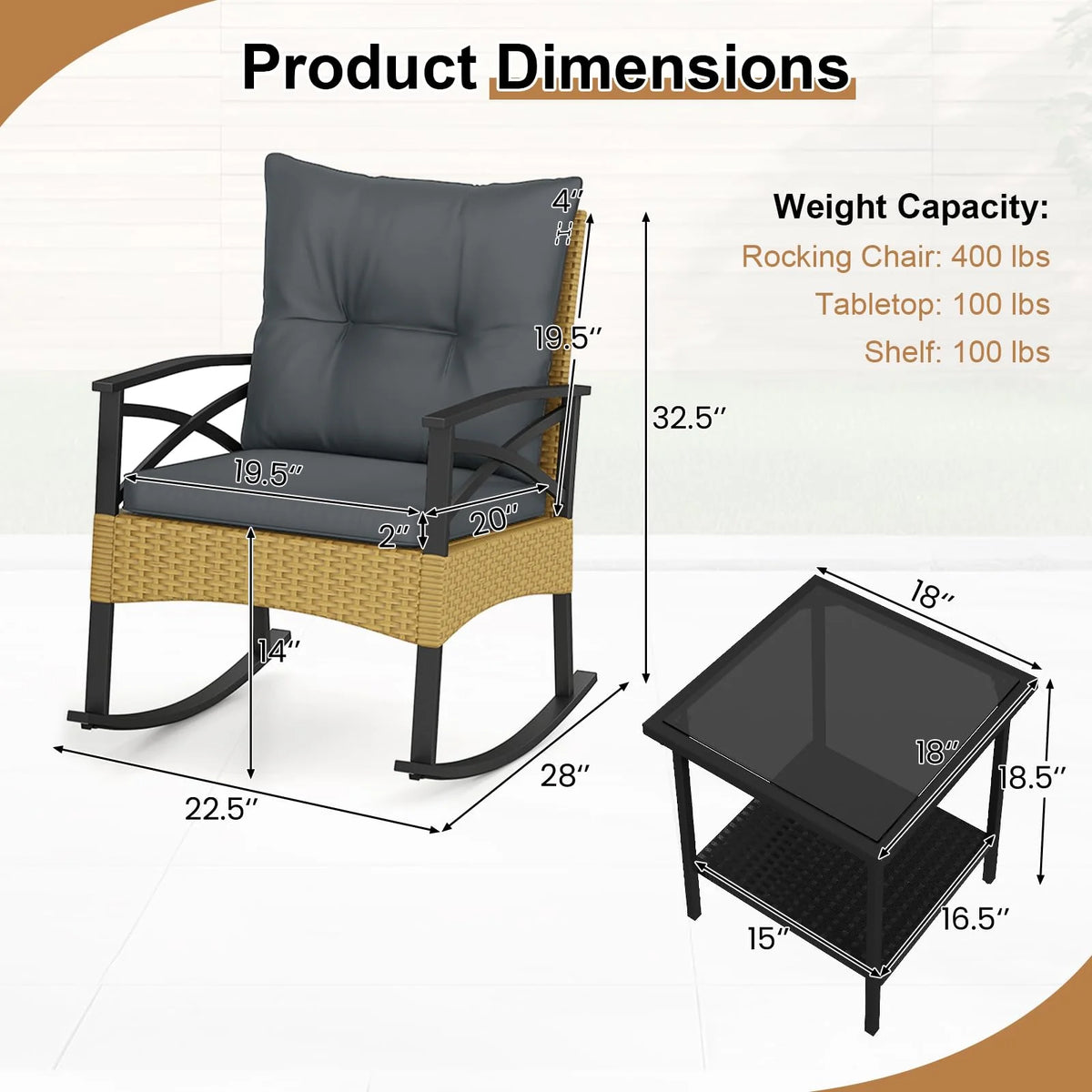 Tangkula 3 Pieces Outdoor Rocking Chairs Set for Garden - image 6