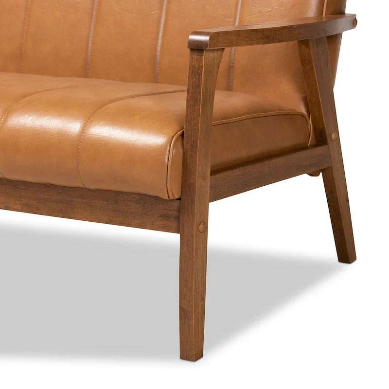 Nikko Tan Faux Leather Sofa with Walnut-Finished Wood Accents - image 8
