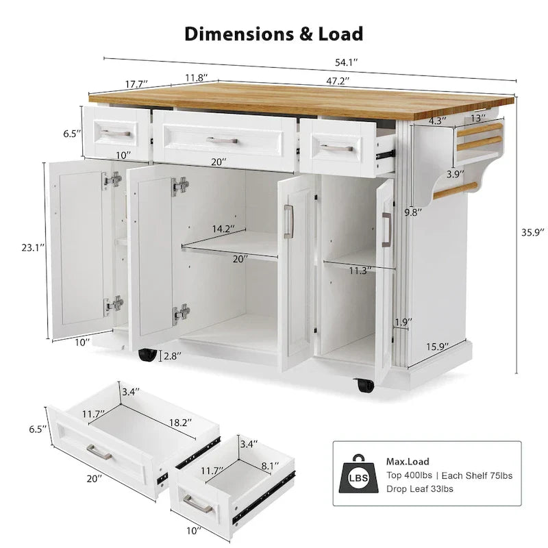 Large Kitchen Island with Wood Drop Leaf, Embossed Texture Rolling Kitchen Cart wDoors and Drawers wStorage for Kitchen, White - image 14