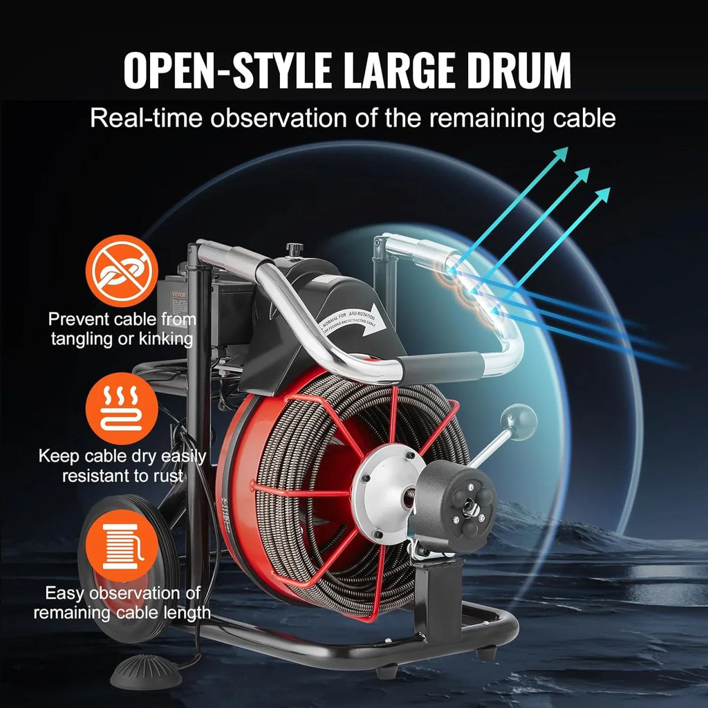 Drain Cleaner Machine 100FT x 1/2 Inch, Auto Feed Sewer Snake Auger on Wheels, 550W Portable Drain Cleaning Machine with 8 Cutters & Air-activated Foot for 2" to 4" Pipes - image 7