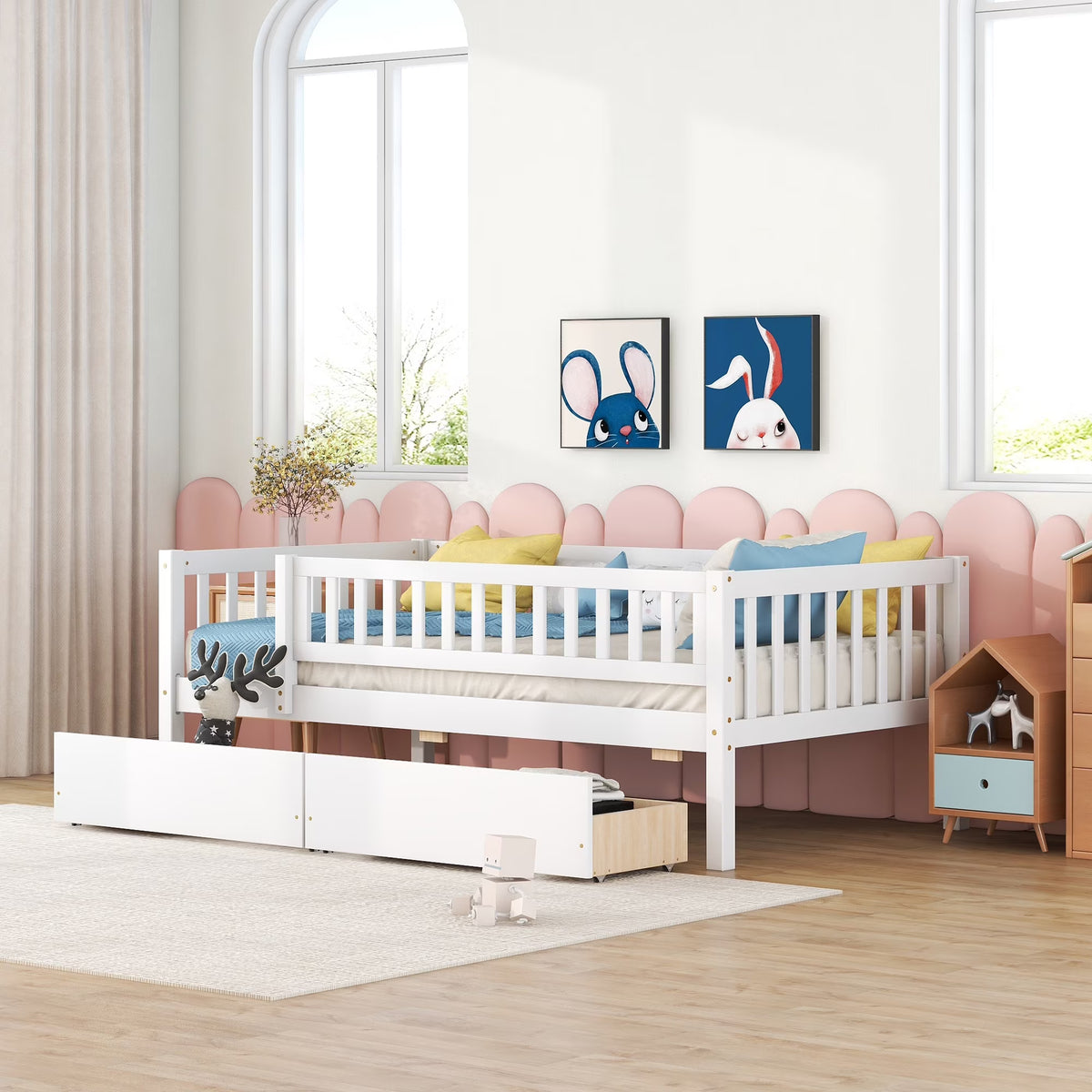 Holaki Twin Size Wood Bed with Guardrails and 2 Storage Drawers for Kids, Gray - image 6