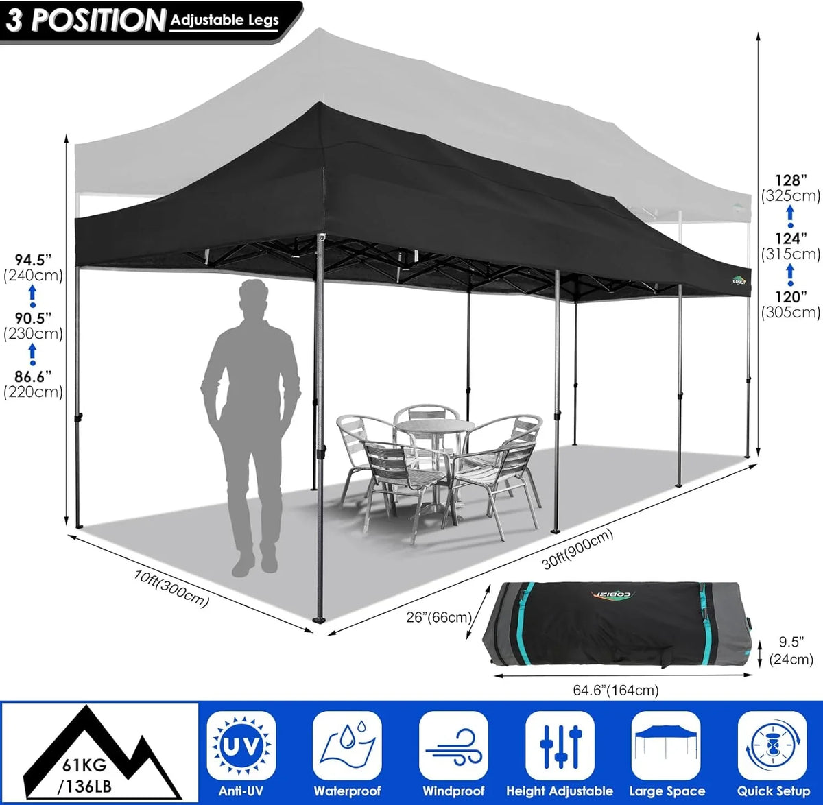 COBIZI 10x20 Heavy Duty Pop up Canopy Tent with 6 sidewalls Easy Up Commercial Outdoor Canopy Wedding Party Tents for Parties All Season Wind & Waterproof Gazebo with Roller Bag,Black(Frame Thickened) - image 112