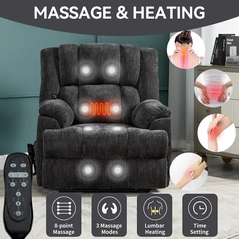 Grey Oversized Chenille Power Lift Recliner with Massage, Heating, and Flat Lay Feature - image 8