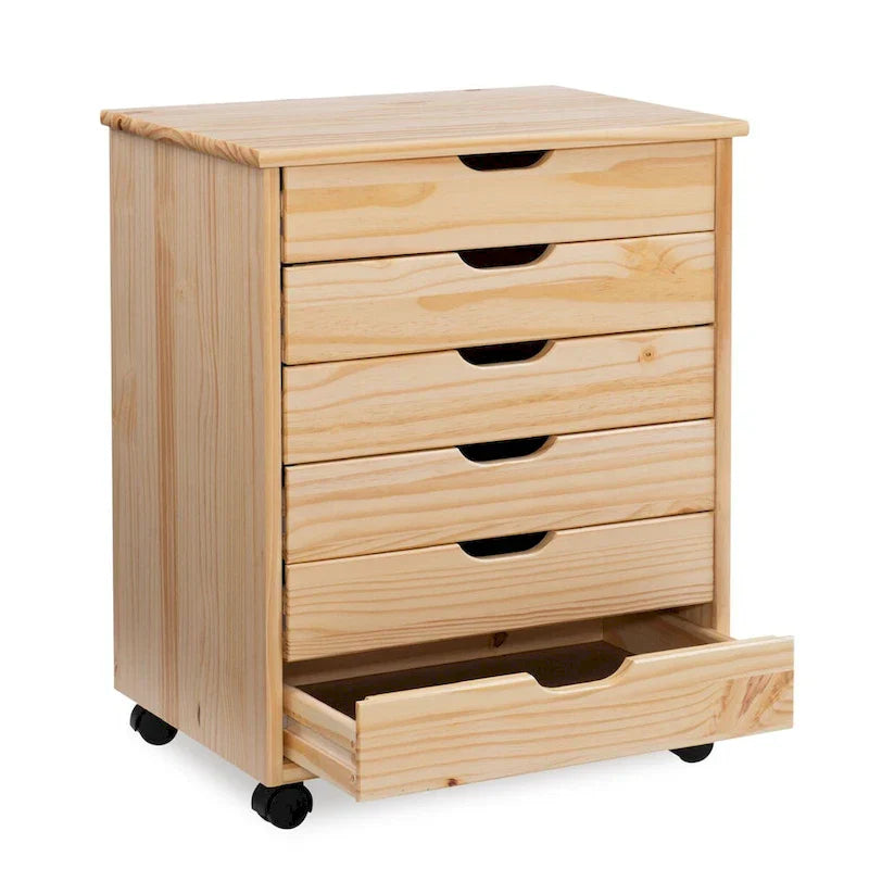 25.25-Inch Natural Brown Wide Rolling Storage Cabinet Featuring 6 Drawers - image 3