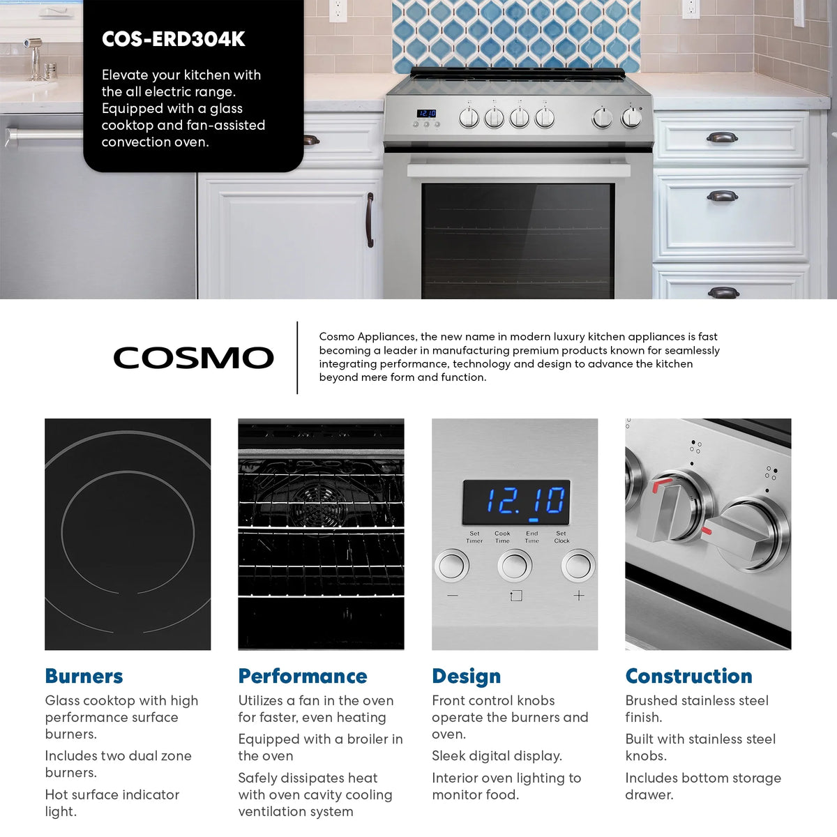Cosmo 30 in. Stellar Collection 5.0 cu. ft. Electric Range with 4 Burner Glass Cooktop and Convection Oven in Stainless Steel - image 10