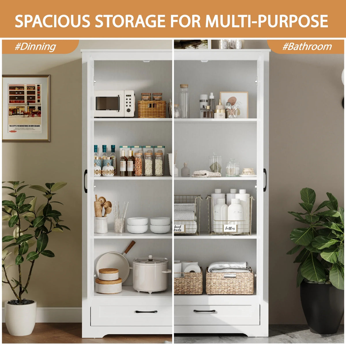 YouTrend 69" Tall Kitchen Pantry,Farmhouse Storage Cabinet with 2 Barn Doors 4 Adjustable Shelves and Large Drawer for Dining Room,Living Room,Bathroom,White - image 4