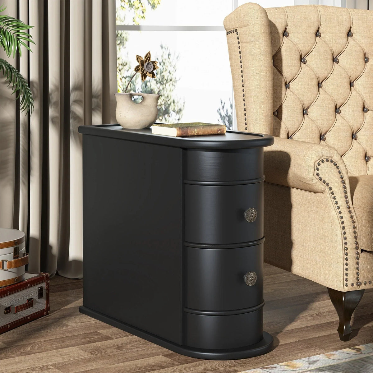 Solid Wood Chairside End Table, Two-Drawer Narrow Side Table Slim - image 8
