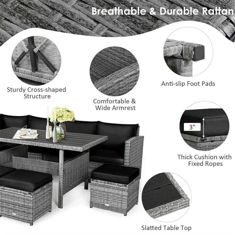 7 Pcs Rattan Patio Dining Furniture Sectional Sofa Set with Dining Table, Ottomans & Cushions - image 64