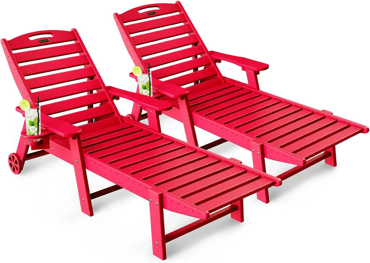 Lounge Chair Outdoor, Chaise Lounge, HDPE 6-Position Outdoor Chaise Lounge, Patio Lounge Chair with Wheels & Cup Holder for Pool Poolside Deck Backyard, Teak - image 16