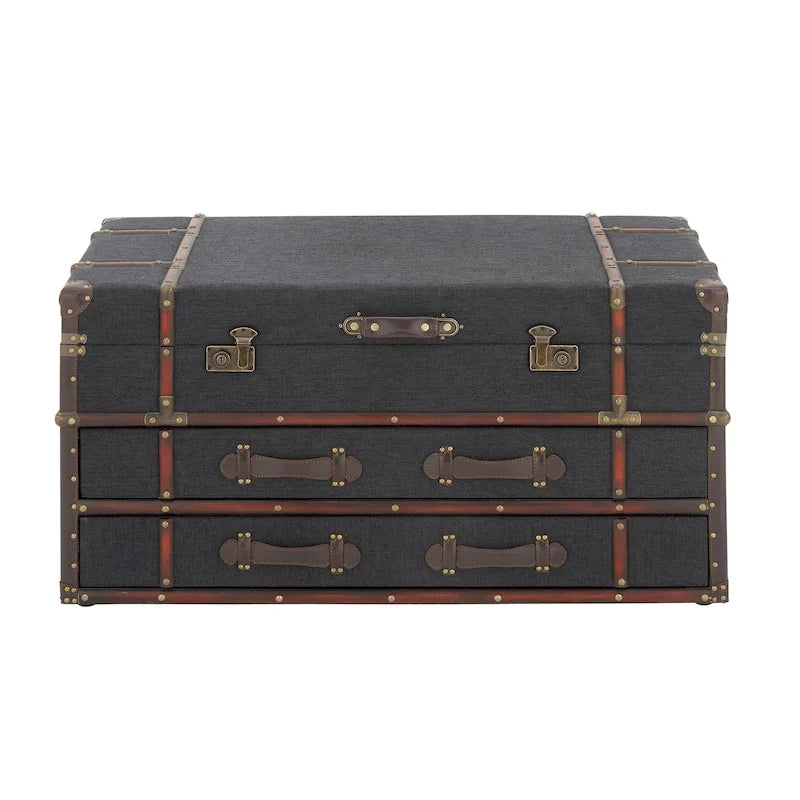 Roche River Decor Faux Leather or Linen Fabric Coffee Table Trunk with 2 Drawers and Buckle Hinged Top - Available in Dark Blue or Brown - image 2
