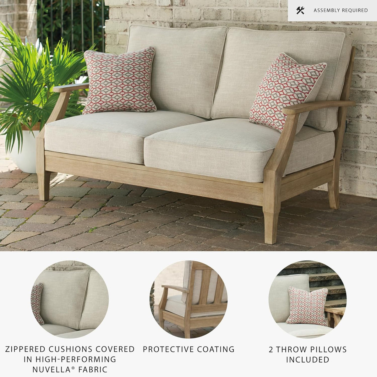 Signature Design by Ashley Clare View Coastal Outdoor Patio Eucalyptus Sofa with Cushions, Beige - image 53