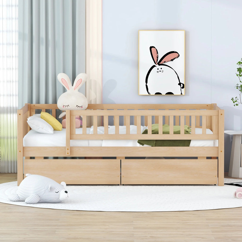 Holaki Twin Size Wood Bed with Guardrails and 2 Storage Drawers for Kids, Gray - image 11