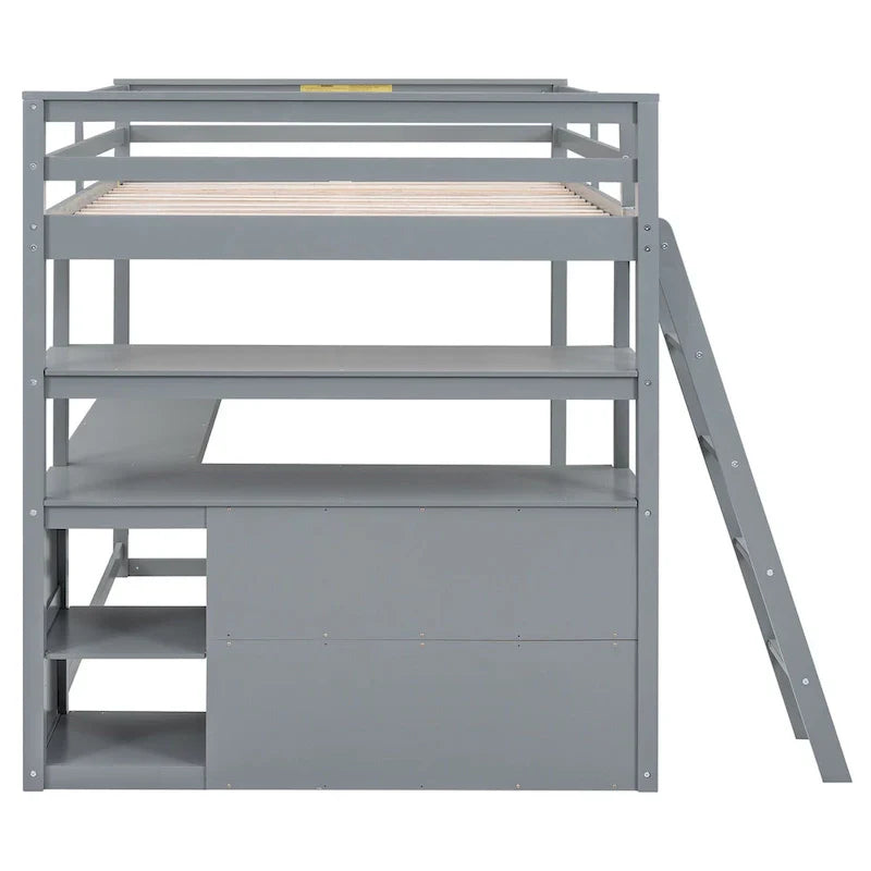 Gray Full-Size Loft Bed with Desk, Shelves, and Two Built-In Drawers - image 8