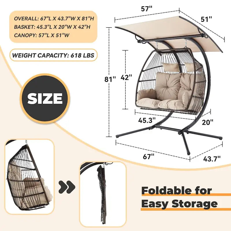 Outdoor Swing Loveseat with Stand, Foldable Hanging Chair, Hammock Cushion, and Awning, Double Egg Chair - Beige - image 5