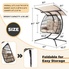 Outdoor Swing Loveseat with Stand, Foldable Hanging Chair, Hammock Cushion, and Awning, Double Egg Chair - Beige - image 5