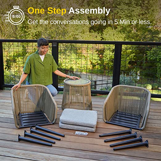 Patio Furniture Set 3-Piece Outside Bistro Set Handwoven Rattan Wicker Chairs with Waterproof Cushions Tempered Glass Table Outdoor Conversation Set for Porch Brown & Light Grey - image 5