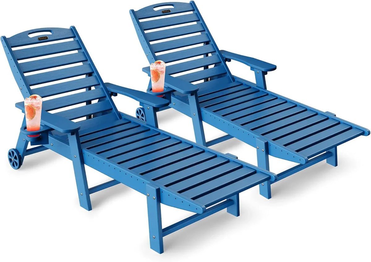 Lounge Chair Outdoor, Chaise Lounge, HDPE 6-Position Outdoor Chaise Lounge, Patio Lounge Chair with Wheels & Cup Holder for Pool Poolside Deck Backyard, Teak - image 10