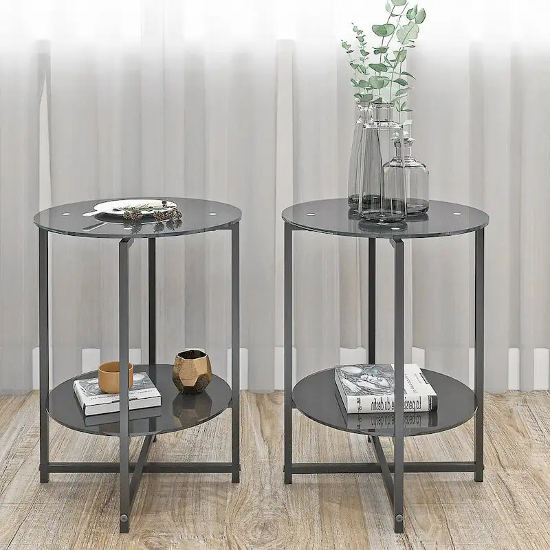 Black 2-Piece Tempered Glass End Table Set - Round Coffee Table for Bedroom, Living Room, and Office - image 3