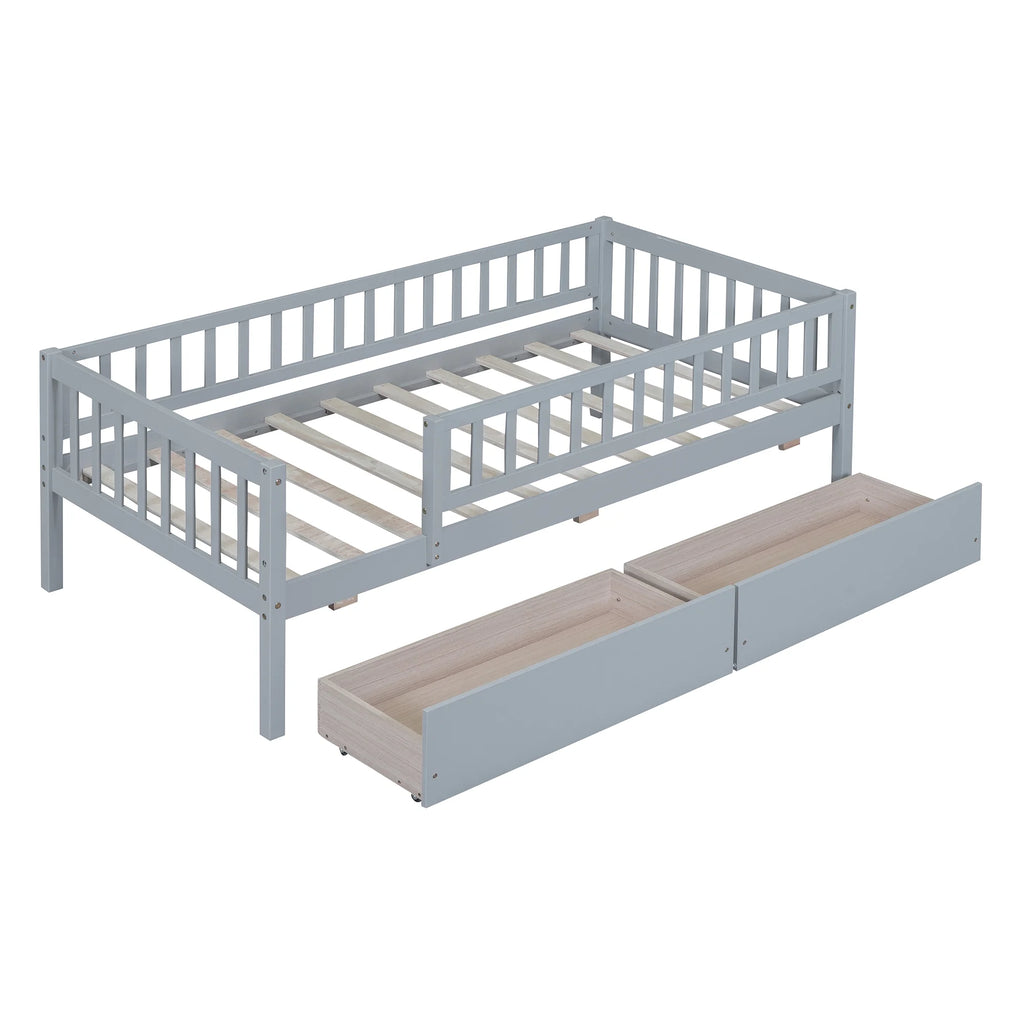 Holaki Twin Size Wood Bed with Guardrails and 2 Storage Drawers for Kids, Gray - image 5