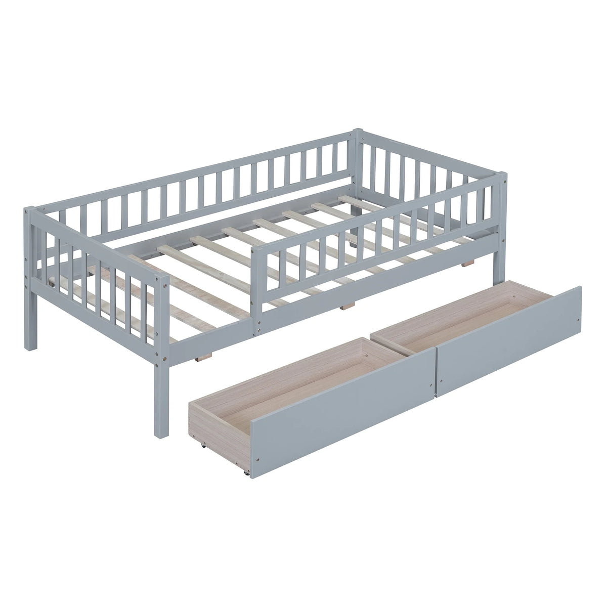 Holaki Twin Size Wood Bed with Guardrails and 2 Storage Drawers for Kids, Gray - image 5
