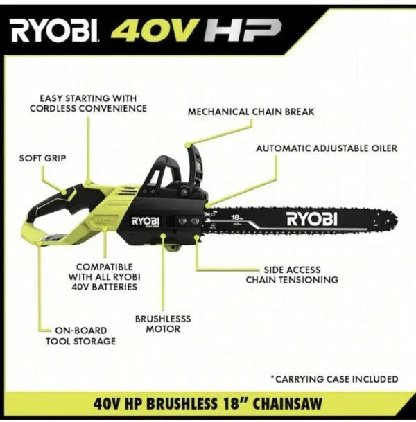 Ryobi 18′′ 40V Cordless Chainsaw Kit with Battery & Charger, Green - image 6