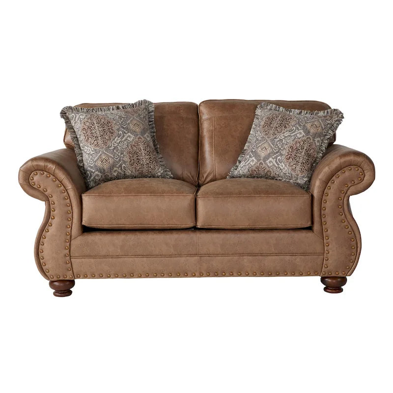 Roundhill Furniture Leinster Brown Fabric Sofa and Loveseat with Nailhead Trim - image 5