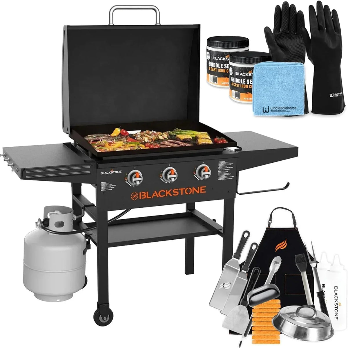 28 Inch Blackstone Griddle 2080 with Hood XL Griddle Original 3-Burner Outdoor Flat Top Grill, with Blackstone Griddle Accessories, Seasoning, and Wholesalehome Gloves and Cloth - image 1