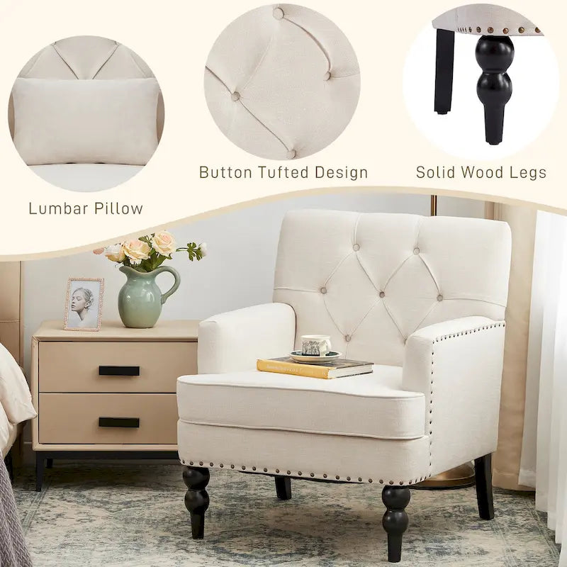 Set of 2 Arm Chair Upholstered Button Tufted Accent Chair with Lumbar Pillow Beige/ Grey/ Light Blue - image 26