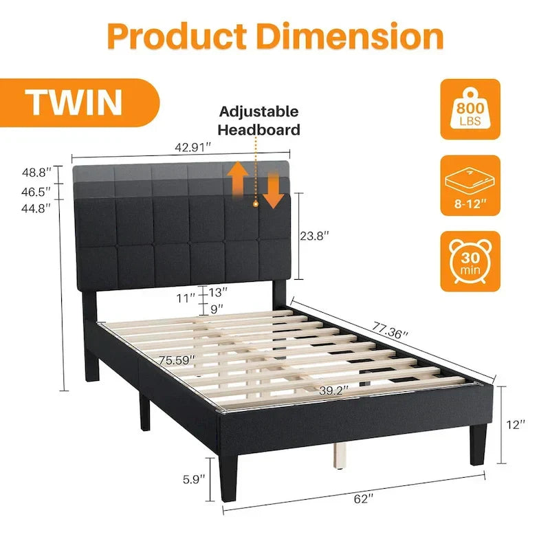 Modern Platform Bed Frame with Adjustable Headboard - Sturdy Geometric Upholstered Design with 800LBS Capacity and Solid Wooden Slats - image 6