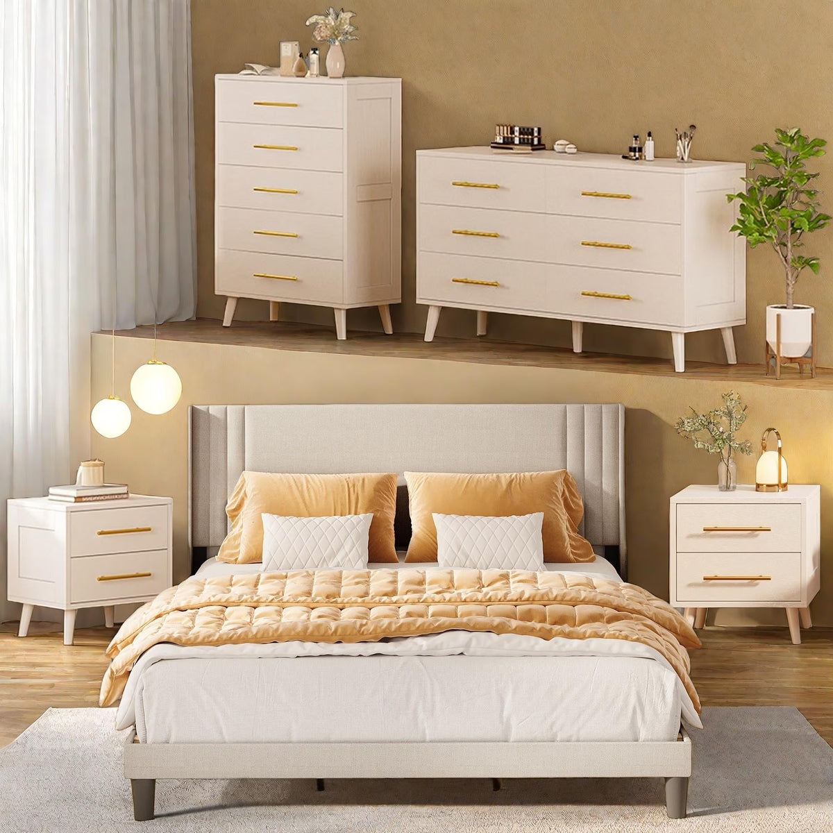 Bedroom Furniture Set - Includes Queen Bed Frame, Nightstands Set of 2, 5 - Drawer Dresser & Double Wide 6 - Drawer Dresser - Modern Storage Solution for Stylish Home Decor, Black - image 3