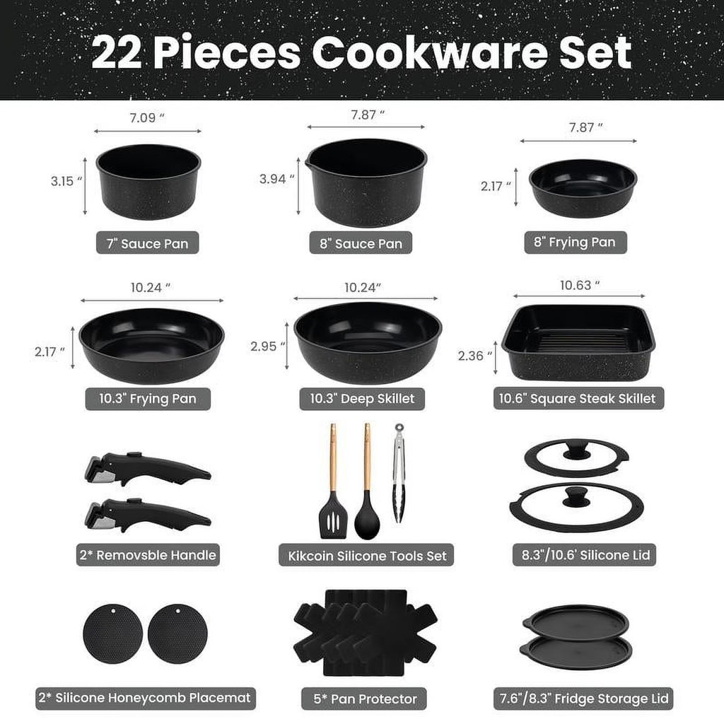 Non-Toxic Nonstick Ceramic 22 pcs pots and pans set complete Cookware Set with Lids,Detachable Handle,PFAS-Free,Dishwasher Oven Safe,Kitchen Outdoorfun Induction Compatible - image 1