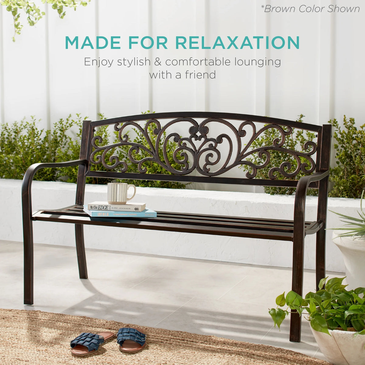 Best Choice Products Outdoor Steel Bench Garden Patio Porch Furniture W/ Floral Design Backrest - Black - image 29