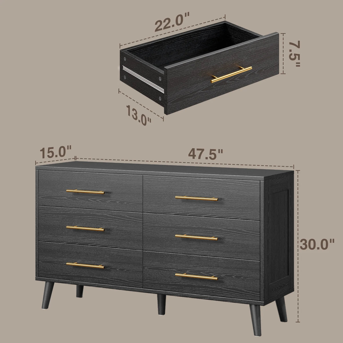 Bedroom Furniture Set - Includes Queen Bed Frame, Nightstands Set of 2, 5 - Drawer Dresser & Double Wide 6 - Drawer Dresser - Modern Storage Solution for Stylish Home Decor, Black - image 11