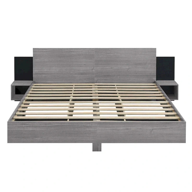 Modern King Size Wooden Floating Bed Frame with Nightstand and LED - Slatted Support Design - image 17