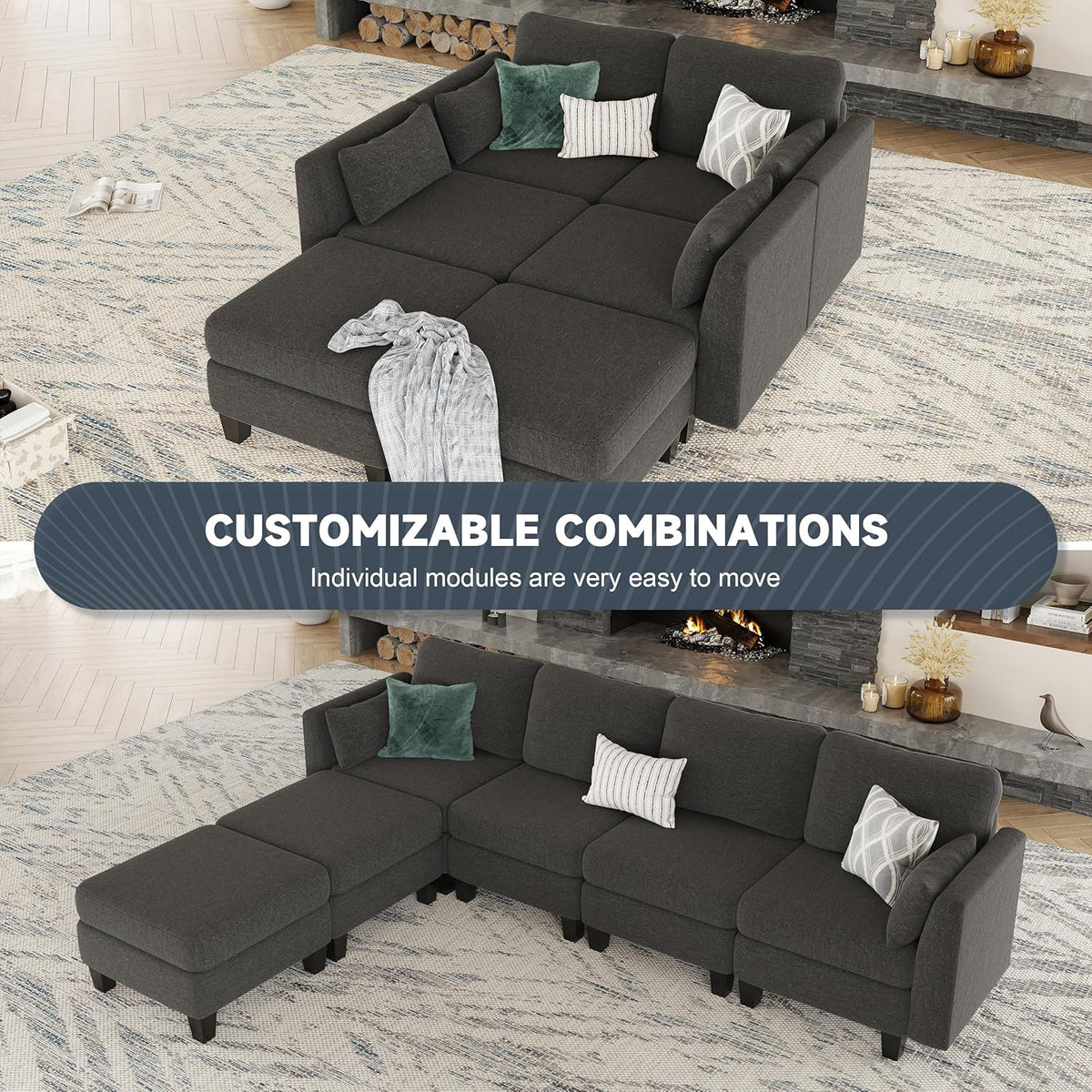 Modular Sectional Sofa, Convertible U Shaped Sofa Couch with High Density Memory Foam, 6 Seat Comfy Modular Sofa Couch for Living Room, Modern U Shaped Sectional Sofa, Dimgrey - image 7