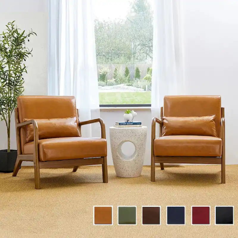 Glitzhome Set of 2 Mid-Century Modern PU Leather Accent Chairs - 30.75H with Cushions (25.75W x 33.75D) - image 18