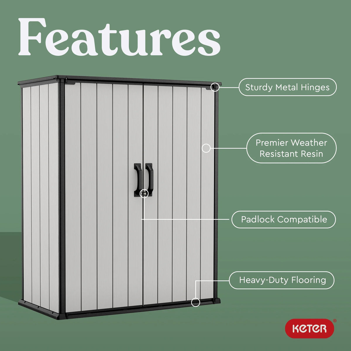 Keter Premier Tall Vertical Durable Resin Outdoor Storage Shed With Floor and Locking Double Doors, Grey - image 3