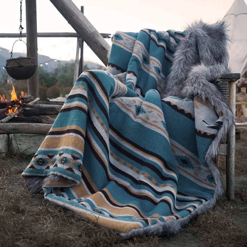 Aztec Faux Fur Blanket - Anifurry Grey+Turquoise / Queen 90"x90" - image 1