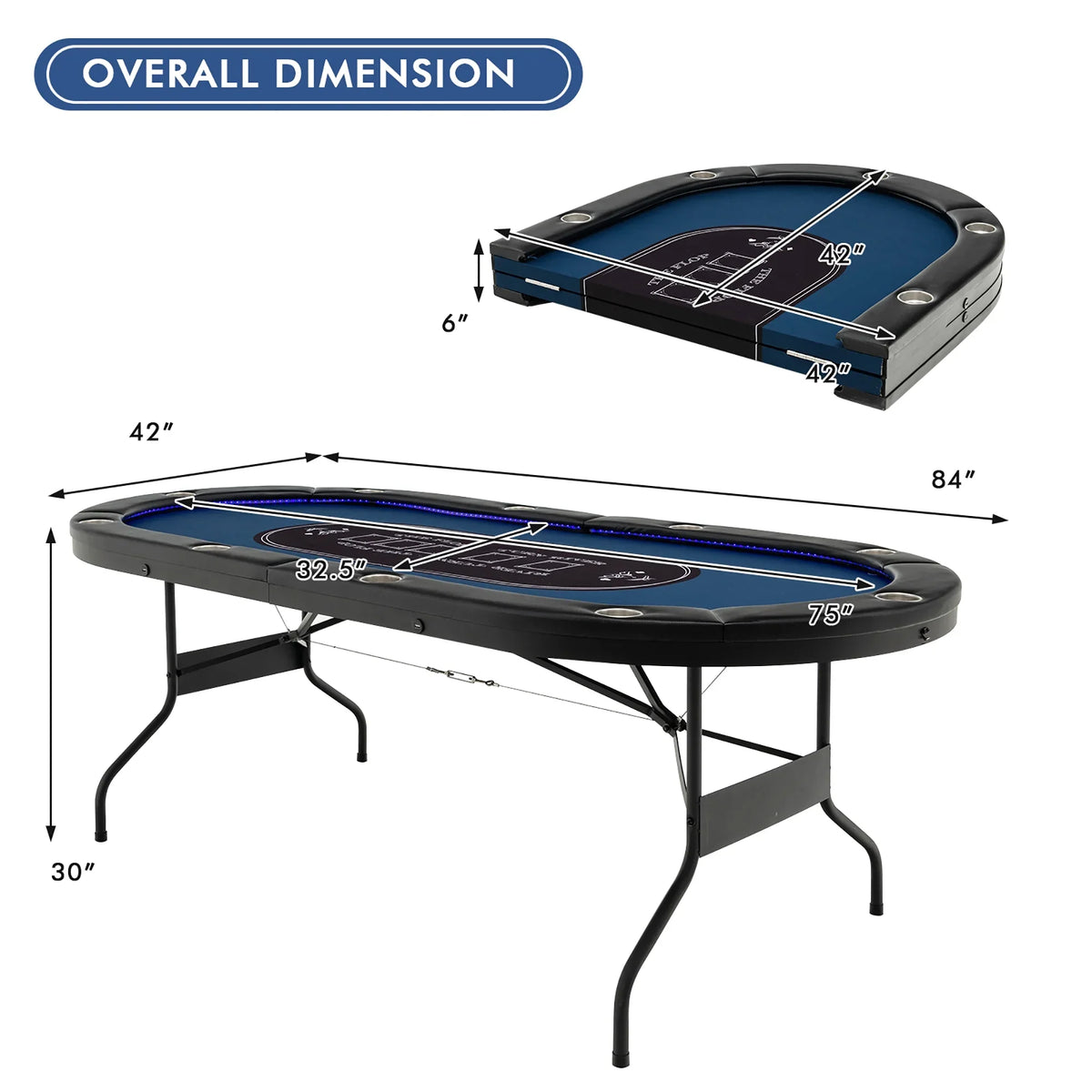 Costway Foldable, USB Ports, LED Lights 10 Player Poker Table, Blue/Black - image 4