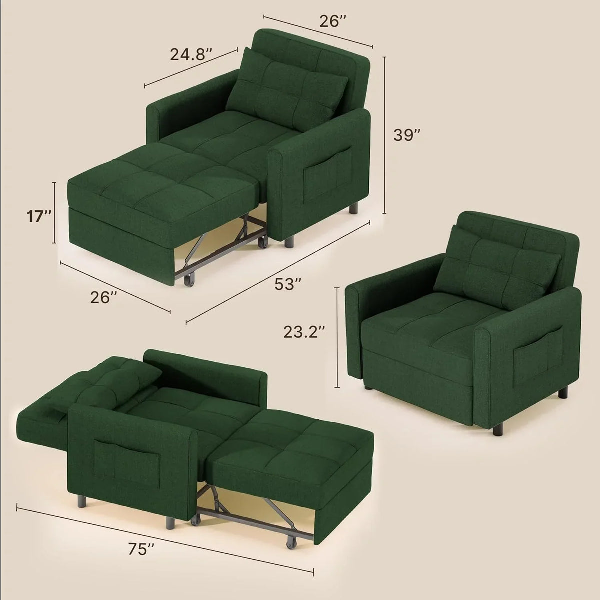 Sofa Bed Chair 3 in 1 Convertible Pullout Single Sleeper Chair Bed Spacious Multifunctional Sofa - image 23
