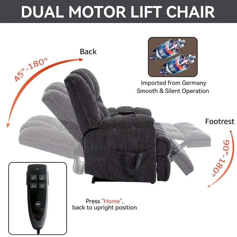 Grey Oversized Chenille Power Lift Recliner with Massage, Heating, and Flat Lay Feature - image 4