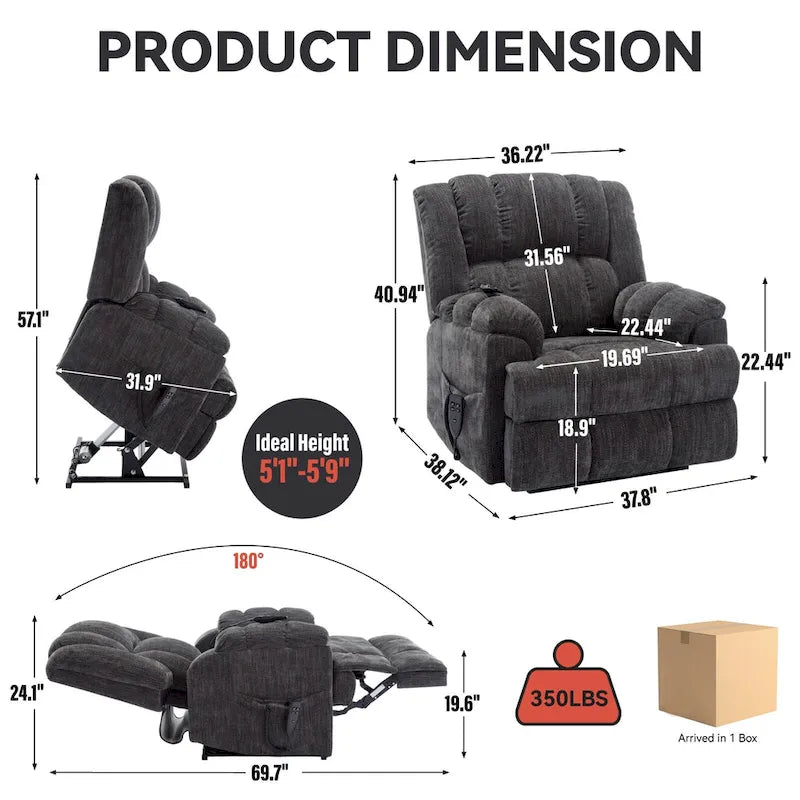 Grey Oversized Chenille Power Lift Recliner with Massage, Heating, and Flat Lay Feature - image 12